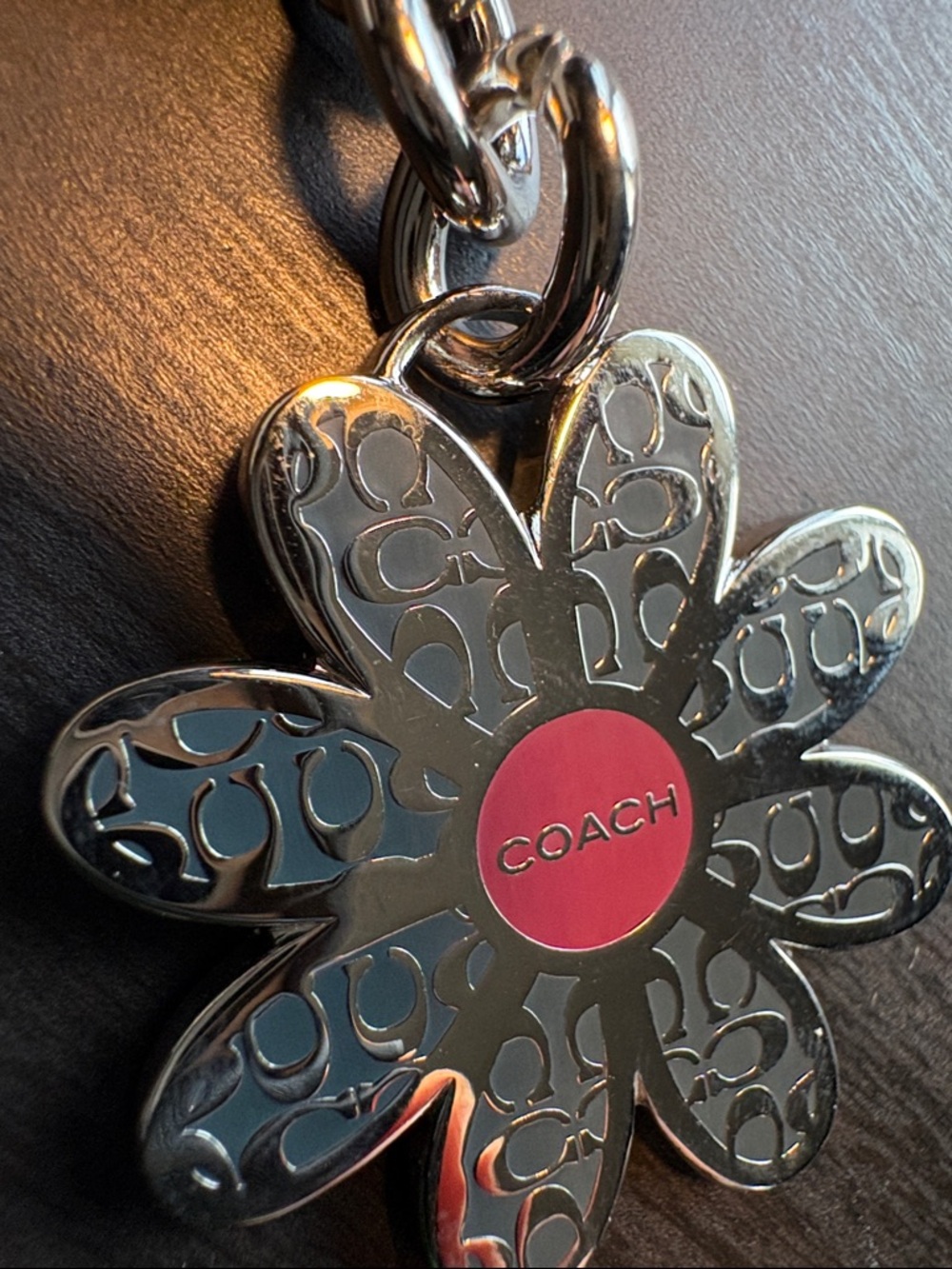 Coach Silver Flower Key Ring with Dark Gray Green Petals - Picture 2 of 4